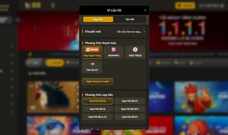 Giao diện nạp tiền BJ88